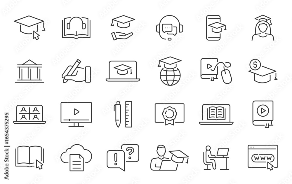 Poster e-learning web icon set in line style. e-book, video tutorial, mentor, distance learning, video and 