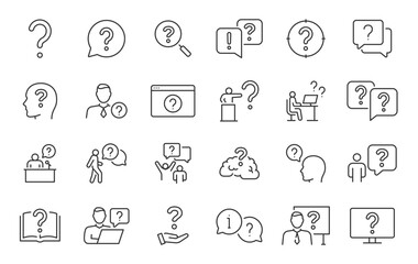 Question web icons in line style. Question mark, insecure person, confused, quiz question, collection. Vector illustration.