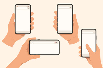 Hand holding mobile phone mockup vector set. Collection of hands with smartphone showing blank empty web browser screen. UI UX template for app or website. Flat illustration.