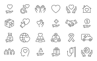 Fototapeta premium Volunteering and charity web icons in line style. Donate, donor, doctor, care, help, support, collection. Vector illustration.