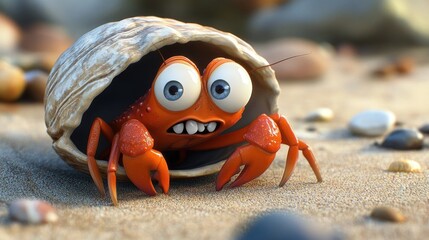 Scared crab cartoon hiding in a shell, cartoon-style fear