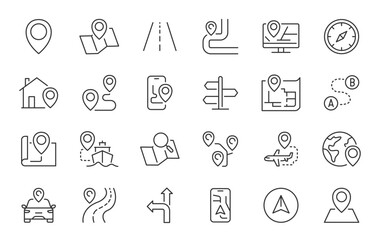Route web icons in line style. Navigation, location, route map, traffic, pin, collection. Vector illustration.