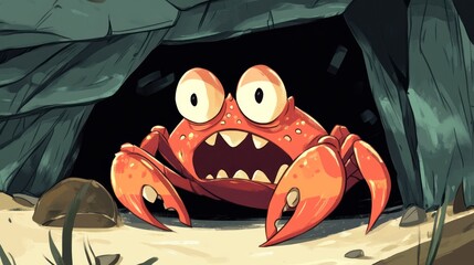 Scared crab cartoon hiding in a shell, cartoon-style fear