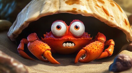 Scared crab cartoon hiding in a shell, cartoon-style fear