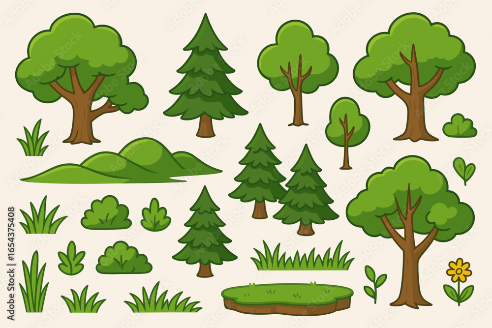 Poster nature and landscape constructor kit. vector set of cartoon trees, grass, bushes, and forest element