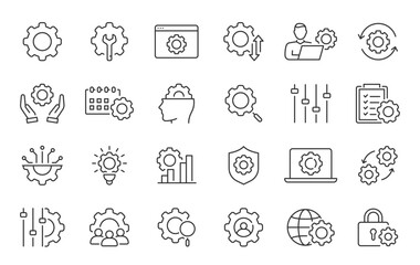 Naklejka na ściany i meble Setup and Settings web icons in line style. Options, download, update, configuration, gears, optimization, collection. Vector illustration.