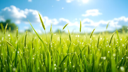 Obraz premium A field of vibrant green grass with water droplets glistening under a bright blue sky and fluffy clouds
