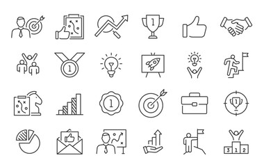Success web icons in line style. Handshake, growth profit, innovation, increase sale, coaching, progress, strategy, achievment, collection. Vector illustration.