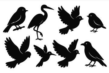 Obraz premium Bird silhouette collection. Vector set of flying and standing birds like pigeon, dove, heron, hummingbird. Wildlife graphic design elements. Black icons isolated on white.