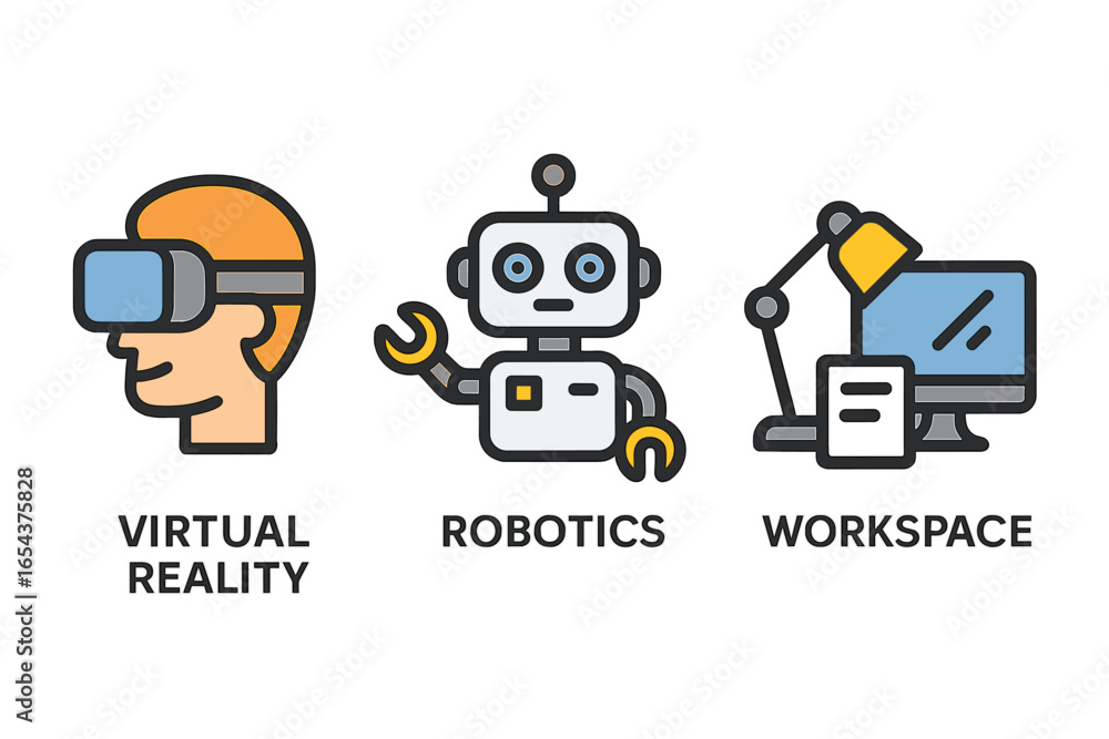 Poster technology icon set with virtual reality, robotics, and workspace concepts. vr headset, ai robot, an