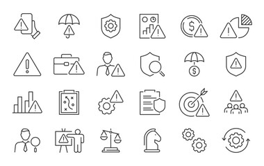 Risk Management web icon set in line style. Risk analysis, risk investment, minimizing losses, plan, low cost, collection. Vector illustration.