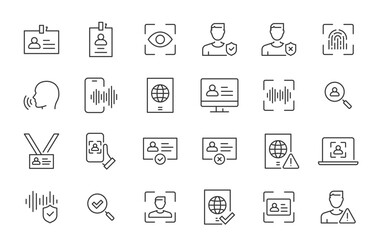 Identity web icons in line style. Verification, document, id card, fingerprint, identification, passport, collection. Vector illustration.