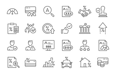 Credit Rating and score web icons in line style. Financial scoring, mortgage, money, guarantors, auditor, collection. Vector illustration.