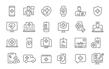 Digital Healthcare web icon set in line style. Online consultation, medical app, results, doctor appointment, health, lifestyle, collection. Vector illustration.