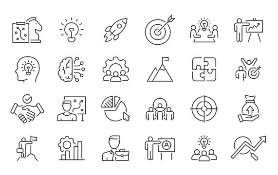 Business Strategy web icons in line style. Strategy, startup, teamwork, people, plan, payment, management, target, employee, infographic. Icon collection. Vector illustration.