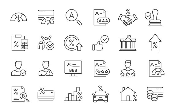 Credit Rating and score web icons in line style. Financial scoring, mortgage, money, guarantors, auditor, collection. Vector illustration.