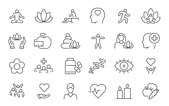 Wellness web icon set in line style. Relaxation, spa, sleep, yoga, health, lifestyle, spiritual practice, meditation, collection. Vector illustration.
