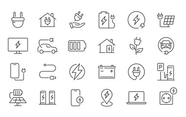 Charging web icons in line style. Charging, charging station, battery, electricity, wireless charging, electric car, collection. Vector illustration.