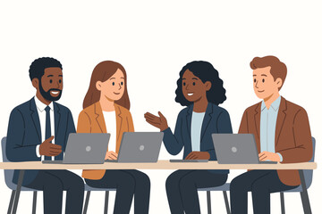 Diverse business team working in office with computers. Multi-ethnic colleagues talking and discussing work at a meeting. Corporate communication and collaboration concept. Flat vector.