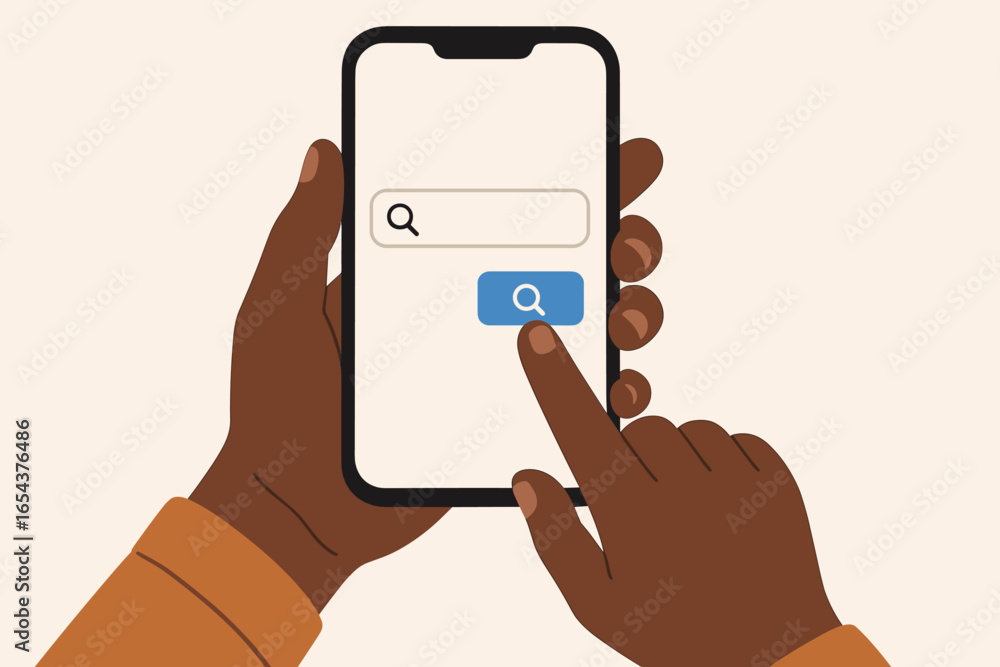 Poster black person's hands holding a mobile phone and using a search engine. finger tapping the search bar