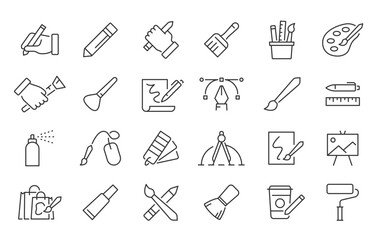 Brushes and Painting web icons in line style. Brush, color palette, bucket, can, collection. Vector illustration.
