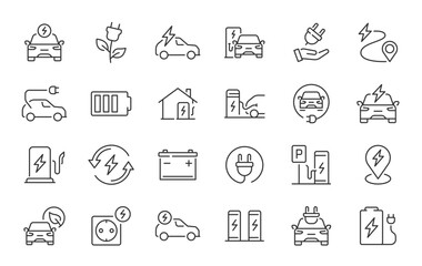 Electro Car web icons in line style. Logistic, electrical, charger, charging station, battery, eco transport ,collection. Vector illustration.