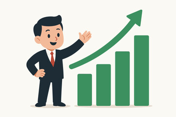 Businessman with a green growth chart arrow pointing up. Business success concept. Financial progress and company strategy for sales and revenue increase. Vector illustration.
