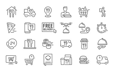 Food Delivery web icons in line style. Courier, food box, fast delivery, order, scooter, bycicle, collection. Vector illustration.