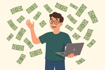 Man with laptop making money online. Successful developer or entrepreneur concept. Happy character with glasses under falling dollars. Salary, profit, passive income vector.