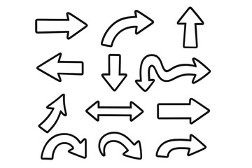 Big set of hand drawn arrows. Doodle vector sketch style. Black line art icon collection. Various isolated direction pointers, next, back button symbols for navigation design.