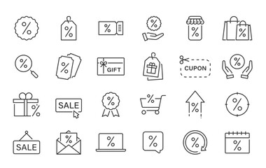 Discount web icons in line style. Sale, cupon, shopping, shop, mega sale, outlet, collection. Vector illustration.