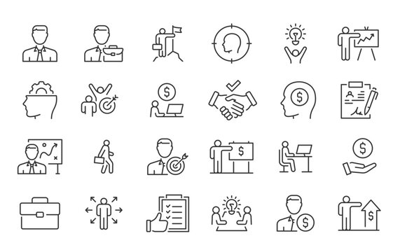 Businessman web icons in line style. Business presentation, meeting, partnership, business, collection. Vector illustration.