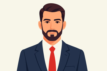 Portrait of a confident handsome bearded man in a suit. Businessman, office worker, or manager character avatar. Professional male face vector. Flat cartoon illustration.