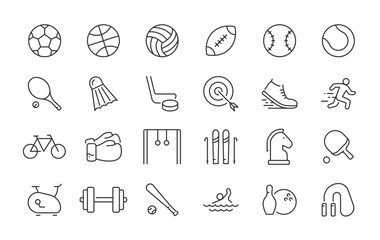 Sport web icons in line style. Football, golf, gym, basketball, volleyball, bowling, chess, skiing, boxing, tennis, collection. Vector illustration.
