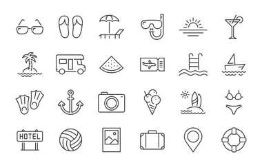 Summer icons. Vacation and beach web icons in line style. Travel, holiday, tourism, hotel, passport, maps, landscape, camera. Icon collection. Vector illustration.
