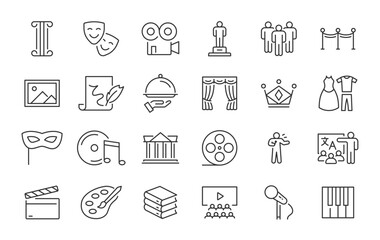 Culture web icons in line style. Creative, art, museums, literature, movie, architecture, theater, collection. Vector illustration.