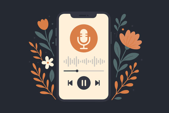 Podcast app on mobile phone screen. Smartphone playing audio, music, or streaming entertainment. Vector illustration with microphone icon, floral design elements. Flat design.