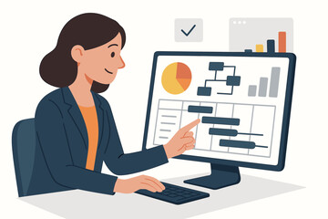 Project manager woman working with business management software. Female person at computer with schedule, planning and data analysis. Gantt chart, report and workflow diagram.