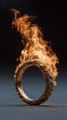 Fiery ring glowing with intense flames on dark background, dynamic energy, dramatic visual, perfect for concepts of power, fire, energy, magic, and action visuals.