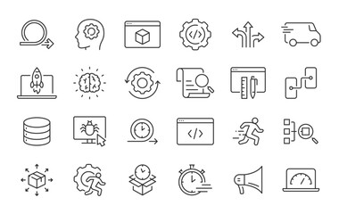 Agile Development web icons in line style. Scrum, requirements, maintenance, testing, software collection. Vector illustration.
