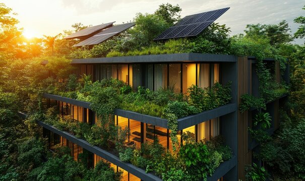 Modern eco-friendly green roof covered in lush vegetation, interspersed with solar panels harnessing sustainable energy. The image represents innovative, sustainable building practices, Generative AI