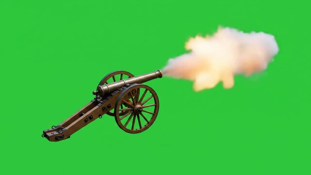 Firing Cannon with Smoke and Fire on Green Screen Ready to Composite