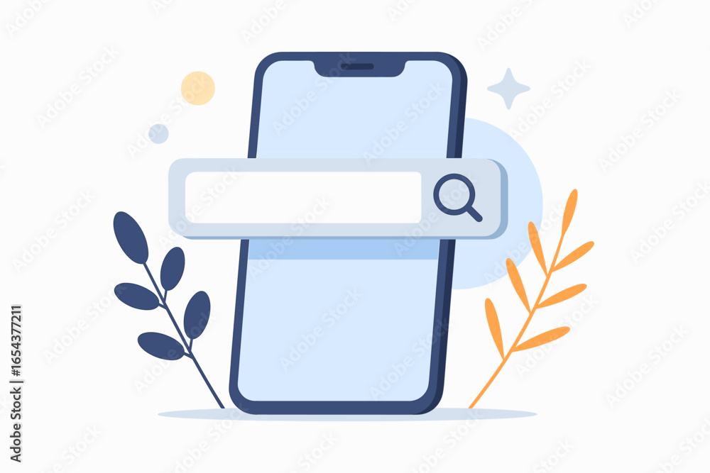 Poster search bar on mobile phone screen. smartphone with search engine field for finding information on th