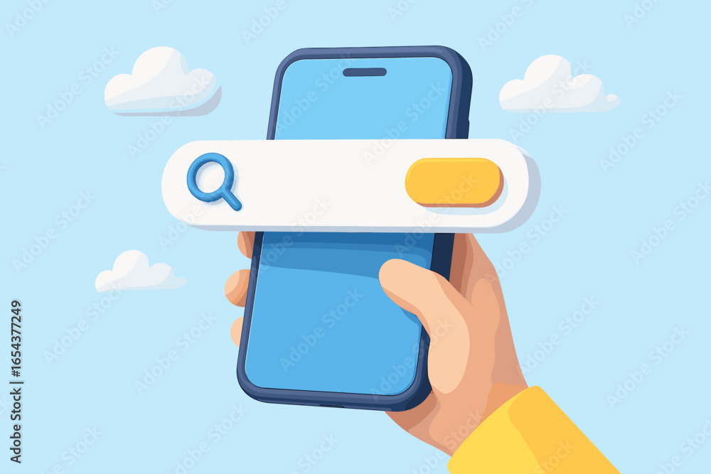 Poster searching on internet with smartphone. hand holding mobile phone with web search bar. find informati