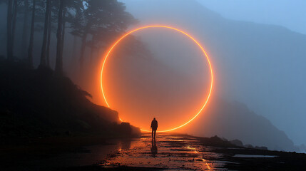 Fiery ring glowing with intense flames on dark background, dynamic energy, dramatic visual, perfect for concepts of power, fire, energy, magic, and action visuals.