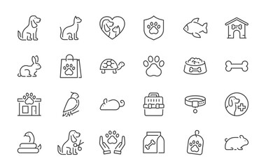 Obraz premium WebPets web icons in line style. Dog, cat, rabbit, hamster, bird, bone, pets, vet help. Vector illustration.