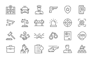 Police web icons in line style. Law, judgement, court, weapon, arrest, police officer, siren, collection. Vector illustration.