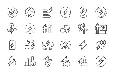 Energy management web icons in line style. Sustainable development, recycling, waste reduction, green energy, climate stability. Vector illustration.
