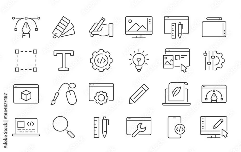 Poster web design web icons in line style. development, web design, creative process, network technology. v
