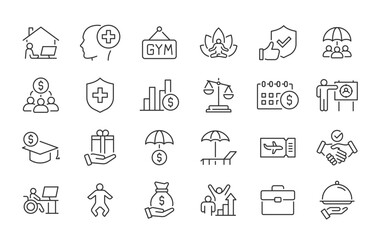 Employee benefits web icons in line style. Health insurance, bonus, social security, maternity rest, paid vacation, collection. Vector illustration.